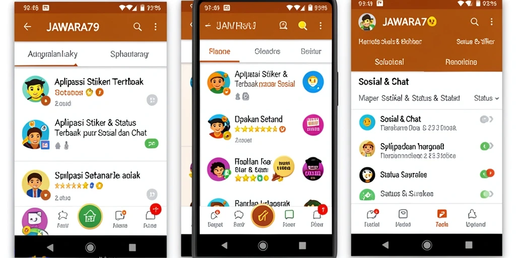 Antarmuka aplikasi JAWARA79 dengan pilihan stiker yang beragam.