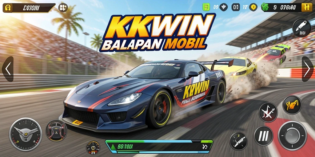 Screenshot KKWIN menampilkan balapan mobil yang menegangkan dengan kontrol yang responsif.